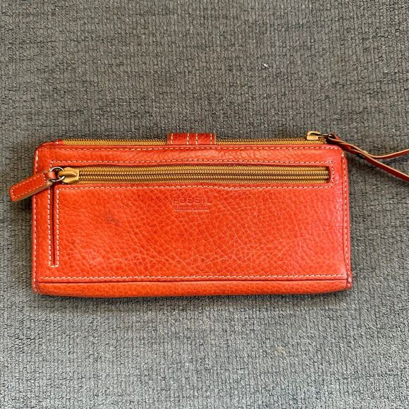 Fossil Women's Orange Genuine Pebble Leather Bi-Fold Snap Button Slim Wallet - Picture 10 of 12